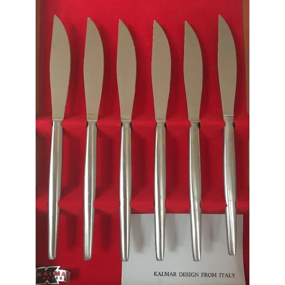 Set 6 Vintage Mid Century Kalmar Italy Stainless Steel Dinner Knives Set w Box